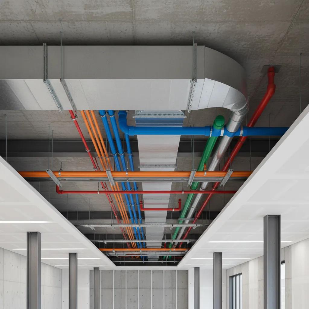 3D BIM model showing HVAC, plumbing and electrical systems coordination
