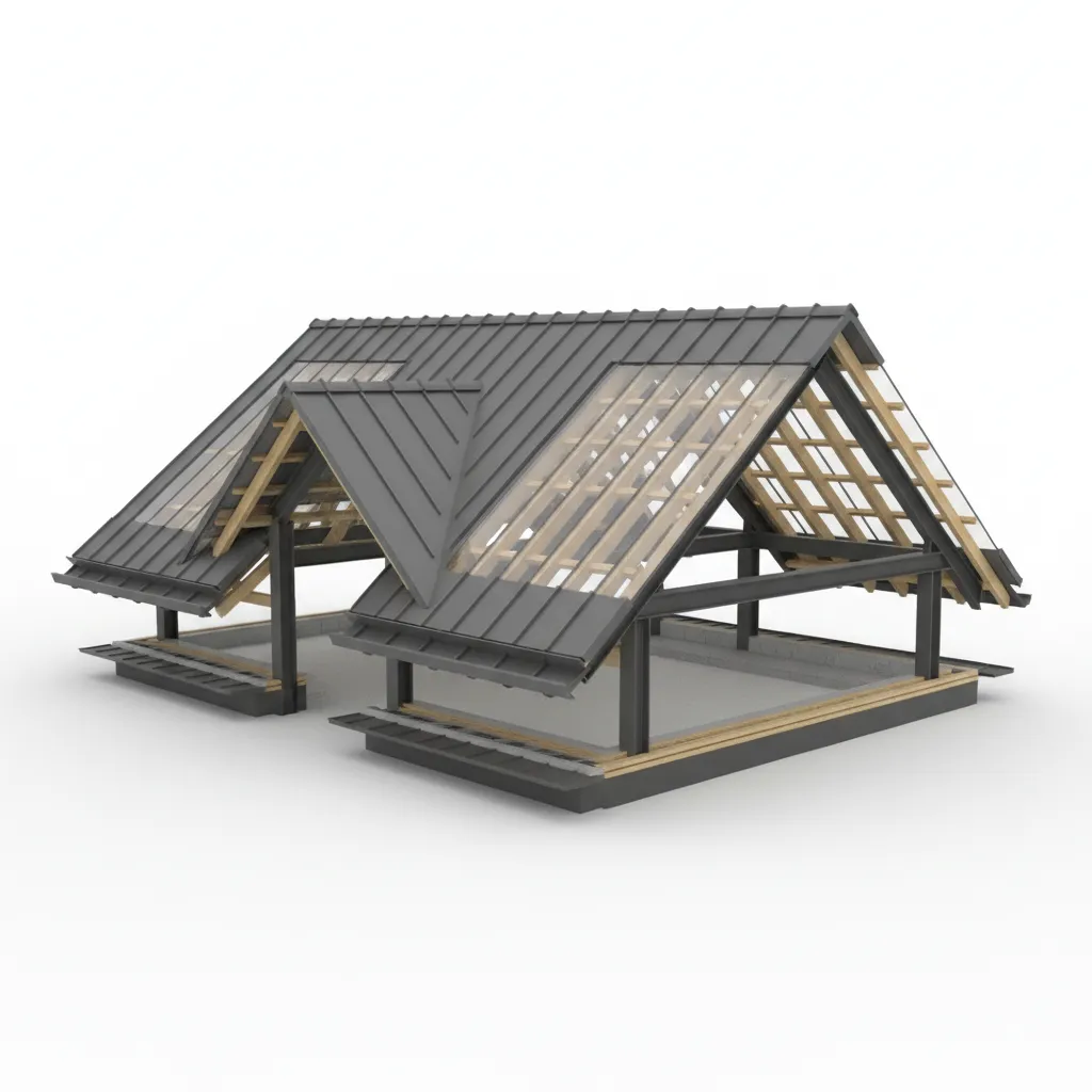 3D BIM model showing layered roof structure and slopes
