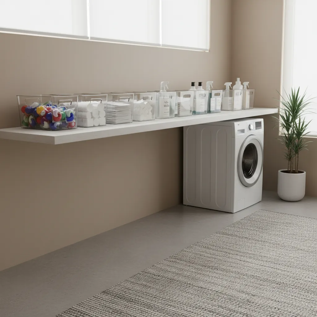 White washing machine under a long white shelf with clear storage bins and laundry supplies