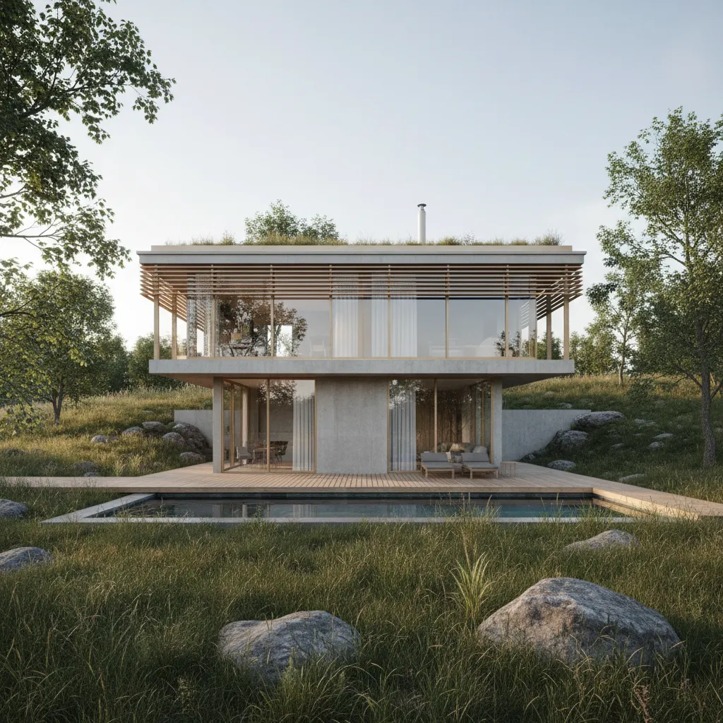Modern house with grass roof wood deck swimming pool large glass walls and grassy field