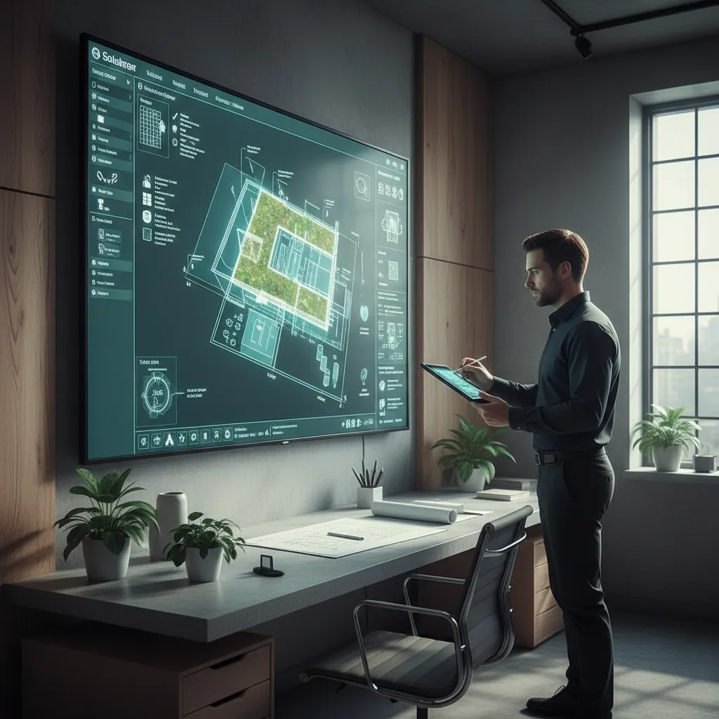 Man using tablet to edit interior design drawing on large wall screen in bright office