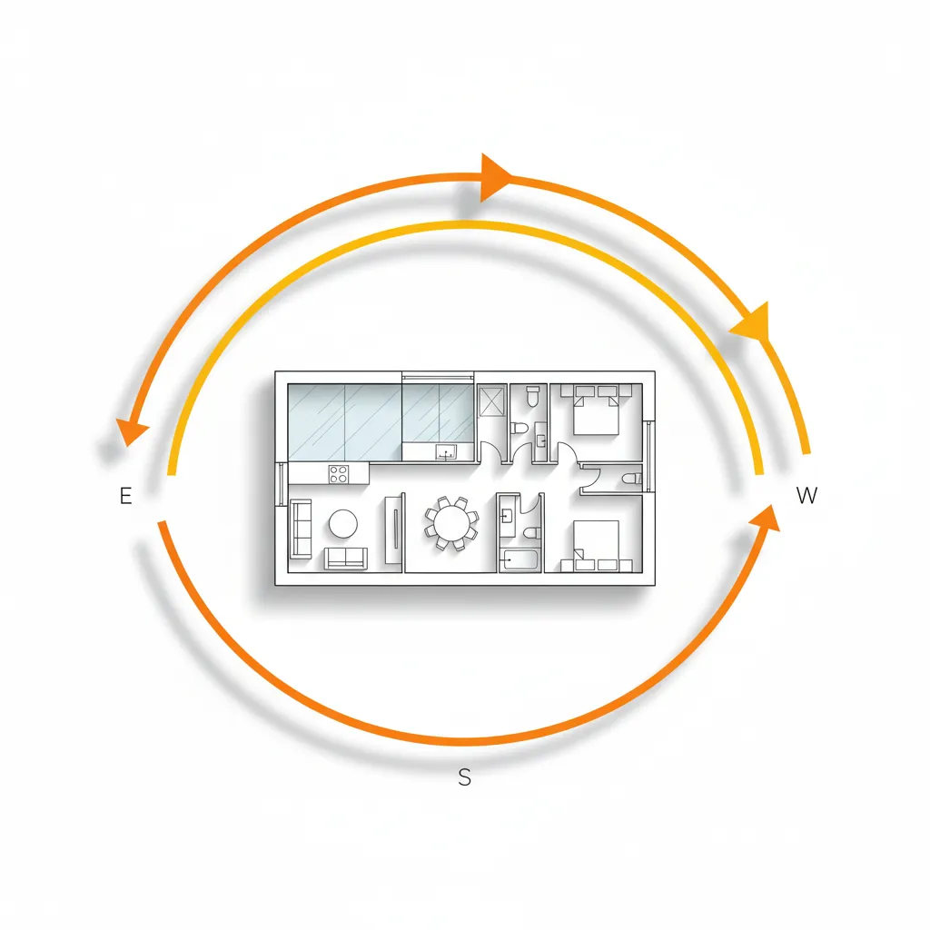 Floor plan diagram showing sun movement from east to west over a modern home layout