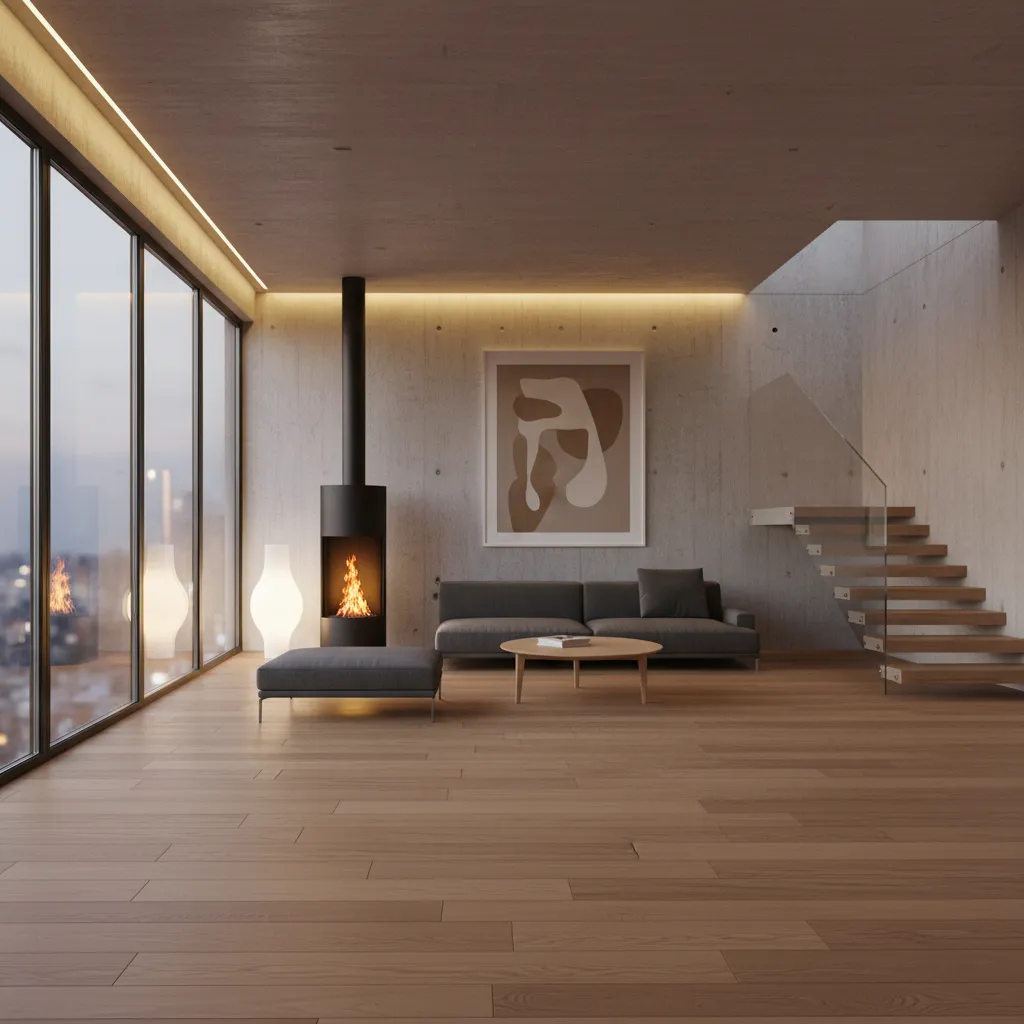 bioethanol fireplace with real flame in a small modern loft living area