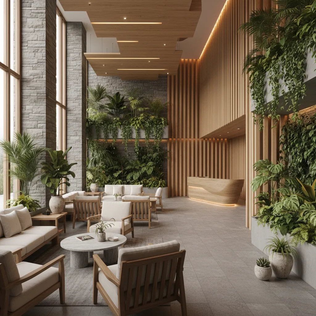 Diseño interior de hotel con plantas naturales y materiales orgánicos