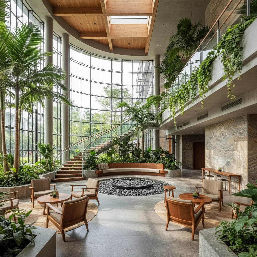 Lobby de hotel con diseño biofílico y vegetación interior