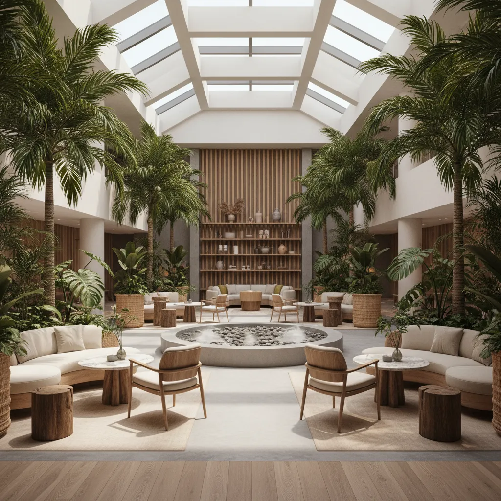 Interior de hotel con diseño biofílico y vegetación natural