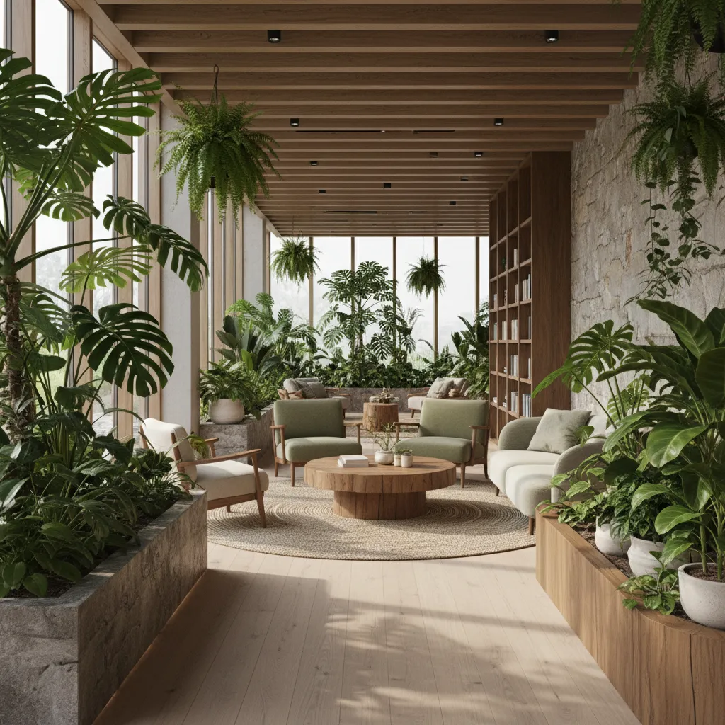 interior biofílico con plantas y materiales naturales