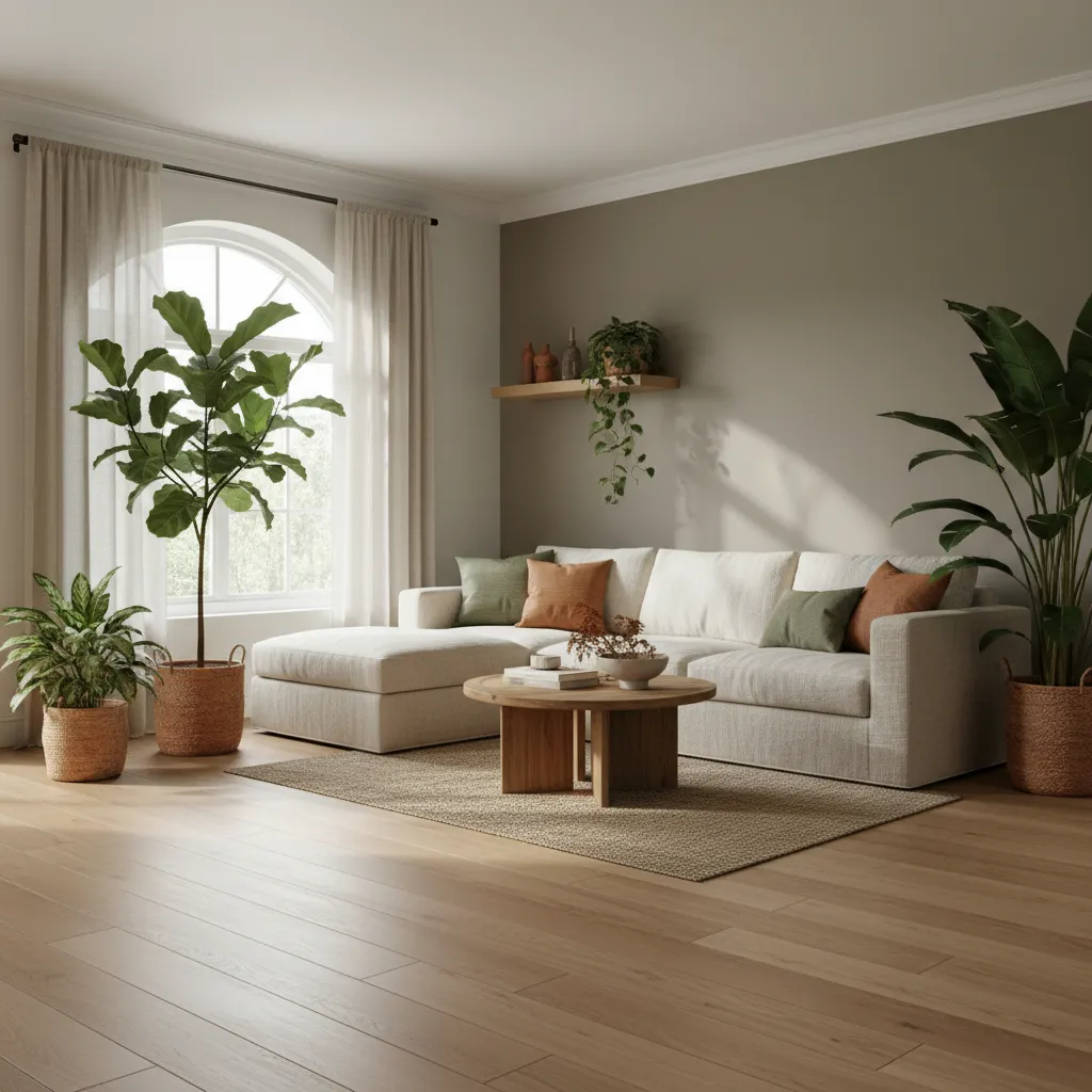 Sala de estar con madera natural, plantas y luz natural