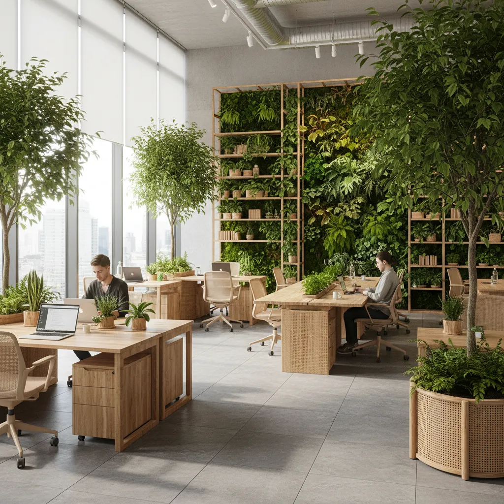 Oficina con diseño biofílico, plantas interiores y pared verde