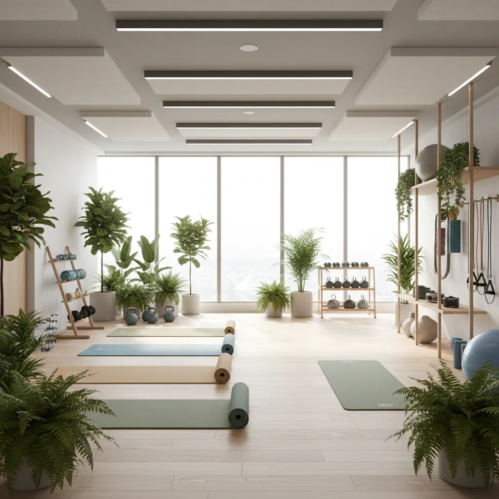 Office fitness room with plants natural light and wellness equipment