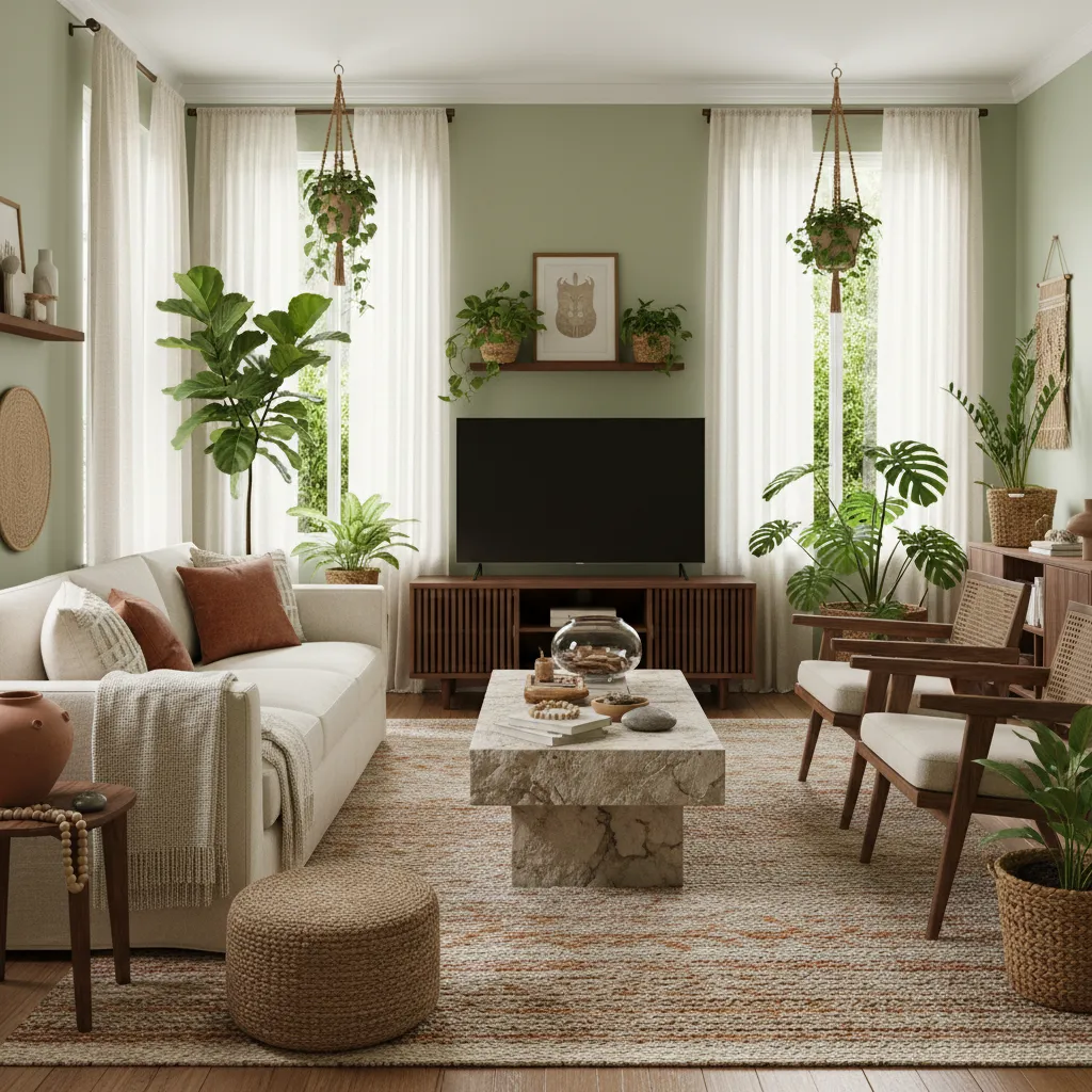 biophilic living room with sage green interior and natural materials