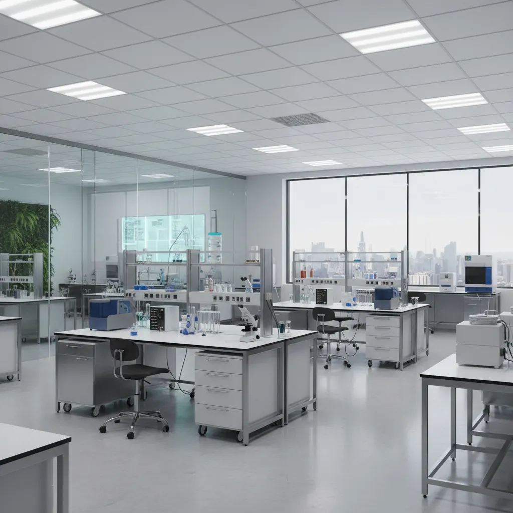 biotechnology laboratory with modular benches and flexible research stations