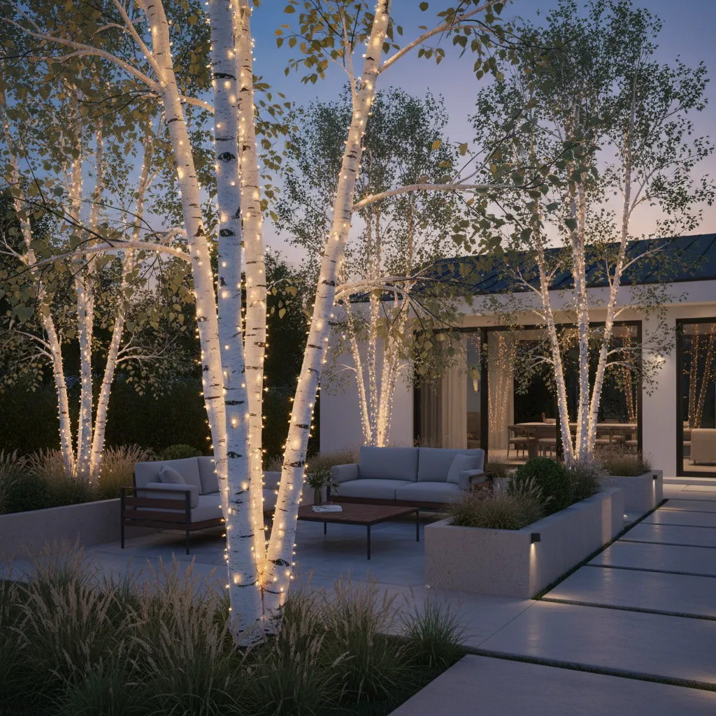Backyard birch trees wrapped with outdoor LED string lights at dusk