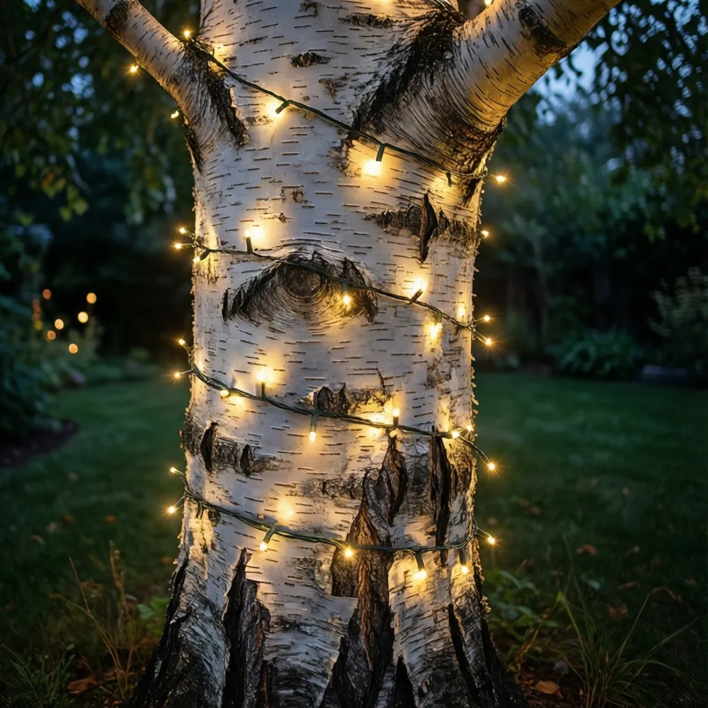 White birch tree trunk wrapped with warm LED string lights