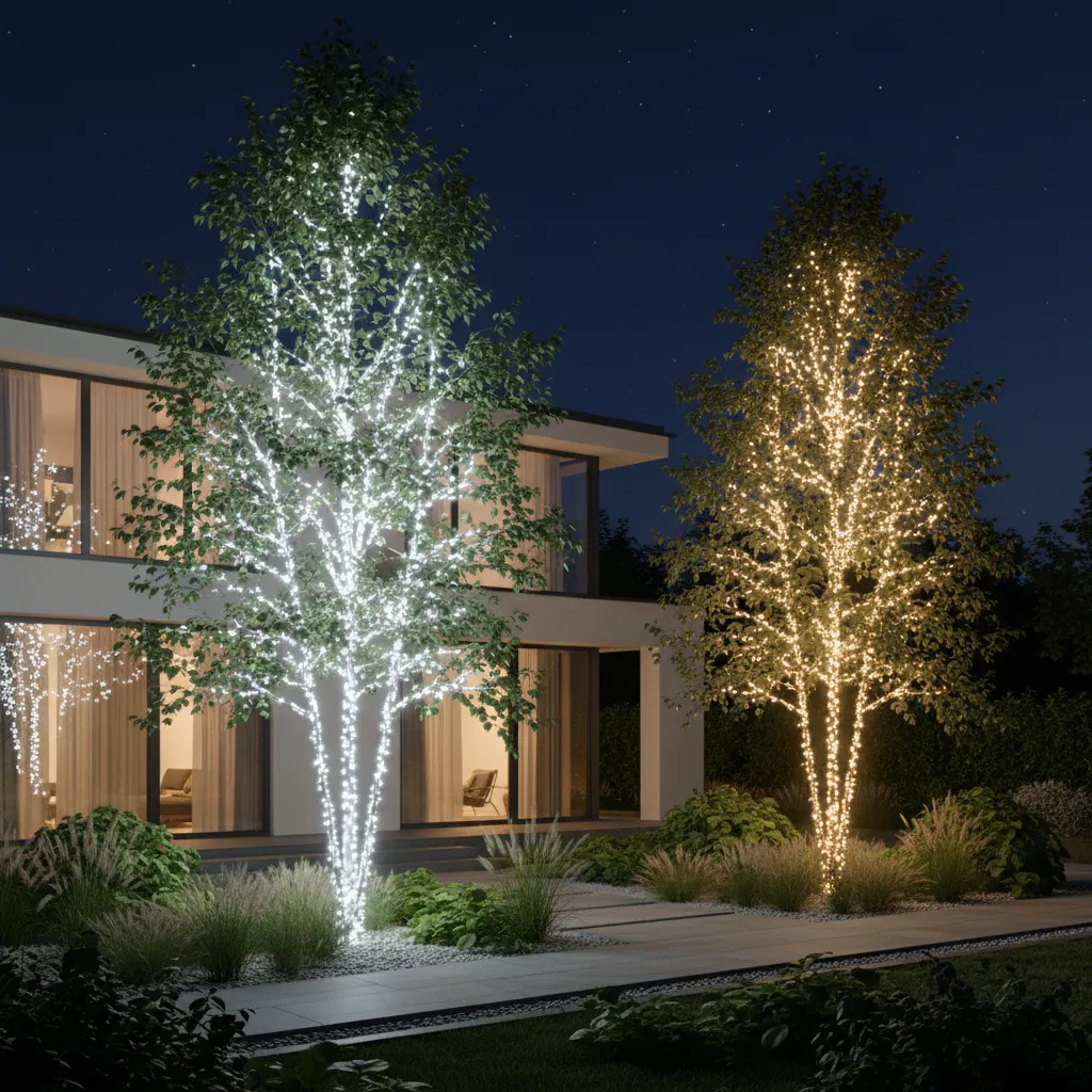 Side by side comparison of LED lights and fairy lights on birch trees