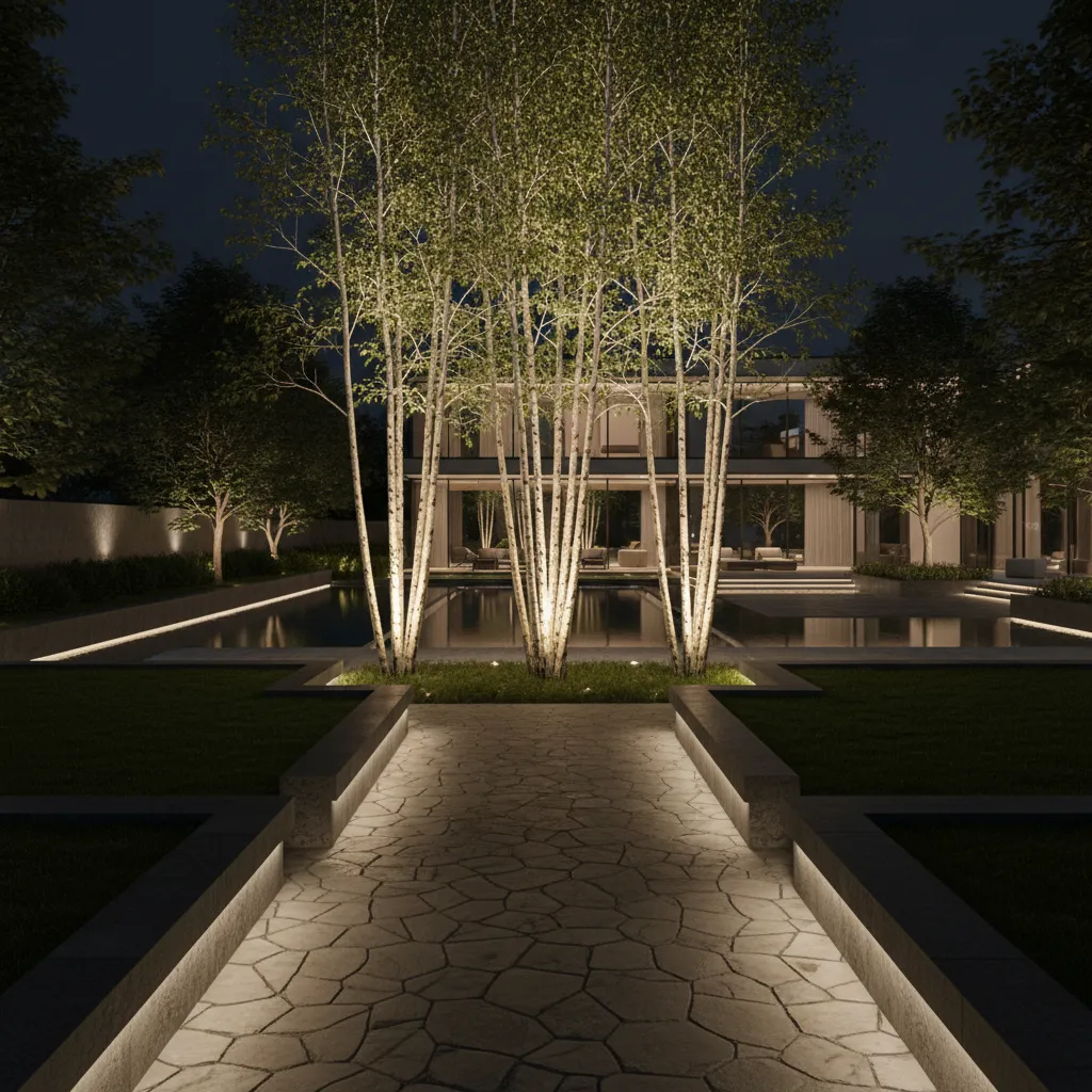 Landscape design with illuminated birch trees acting as a nighttime focal point