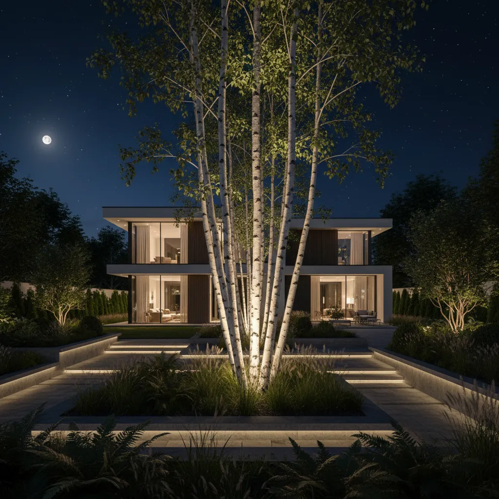 Birch trees illuminated with uplights in a residential garden landscape at night