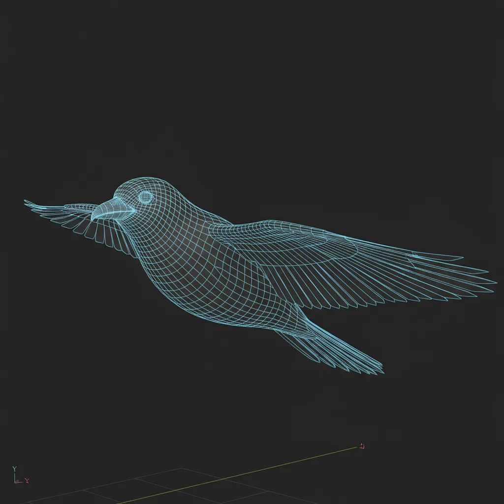 Wireframe topology view of a bird 3D model showing clean edge flow