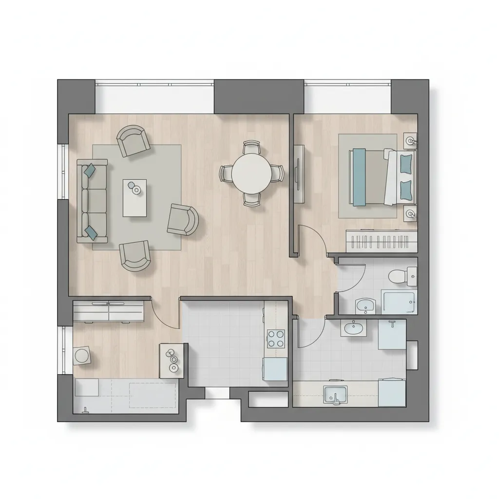 bird's eye view house floor plan with clear zoning and furniture layout