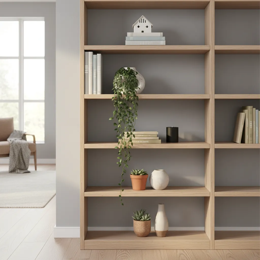 Decorative bird houses arranged on a modern bookcase with plants and books