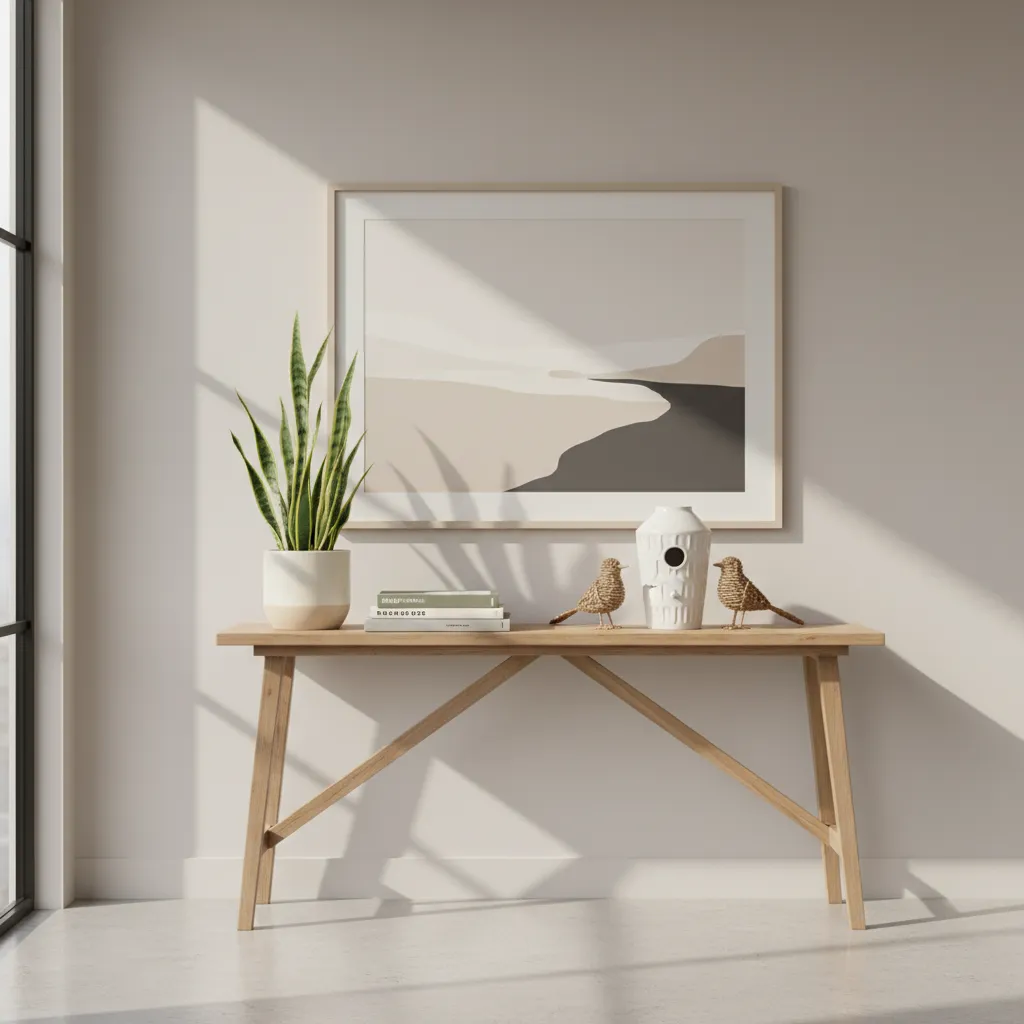 Decorative bird house placed on entry console table with plants and books
