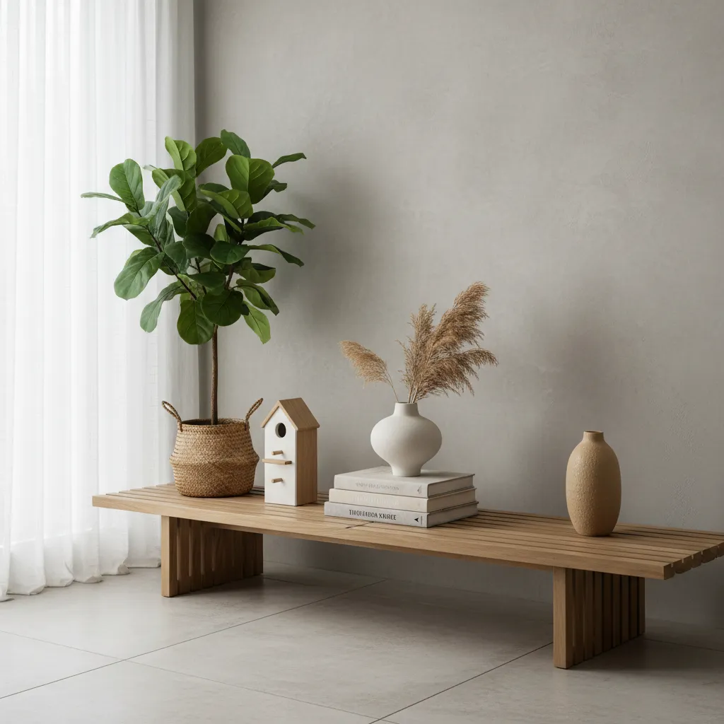 Decorative bird house styled with plants and books on a living room console