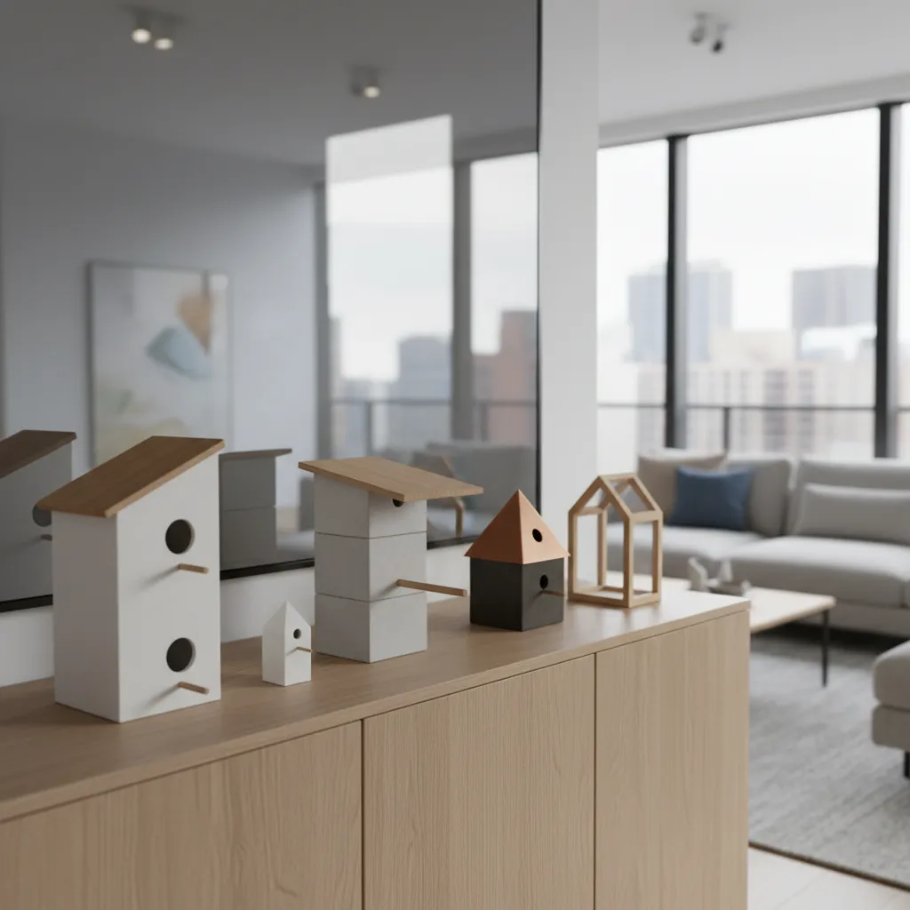 Group of decorative bird houses arranged as a styled tabletop decor display