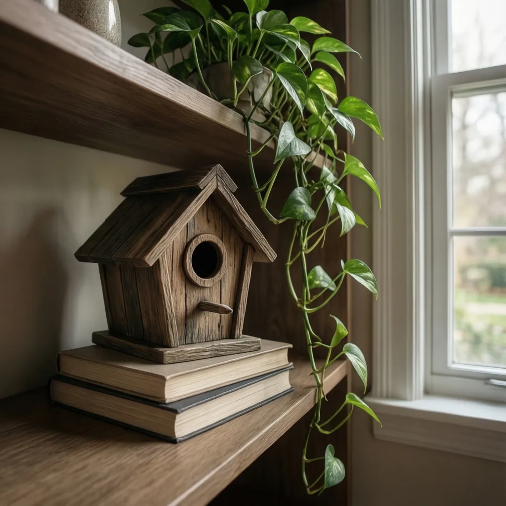 Decorative bird house layered with books and trailing plant in home decor display
