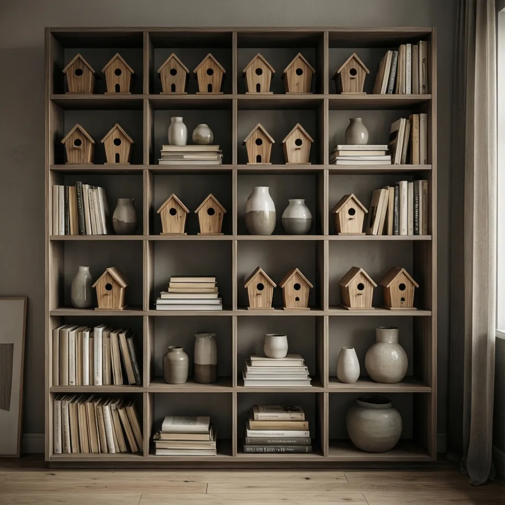 Decorative wooden bird houses styled on modern bookshelf