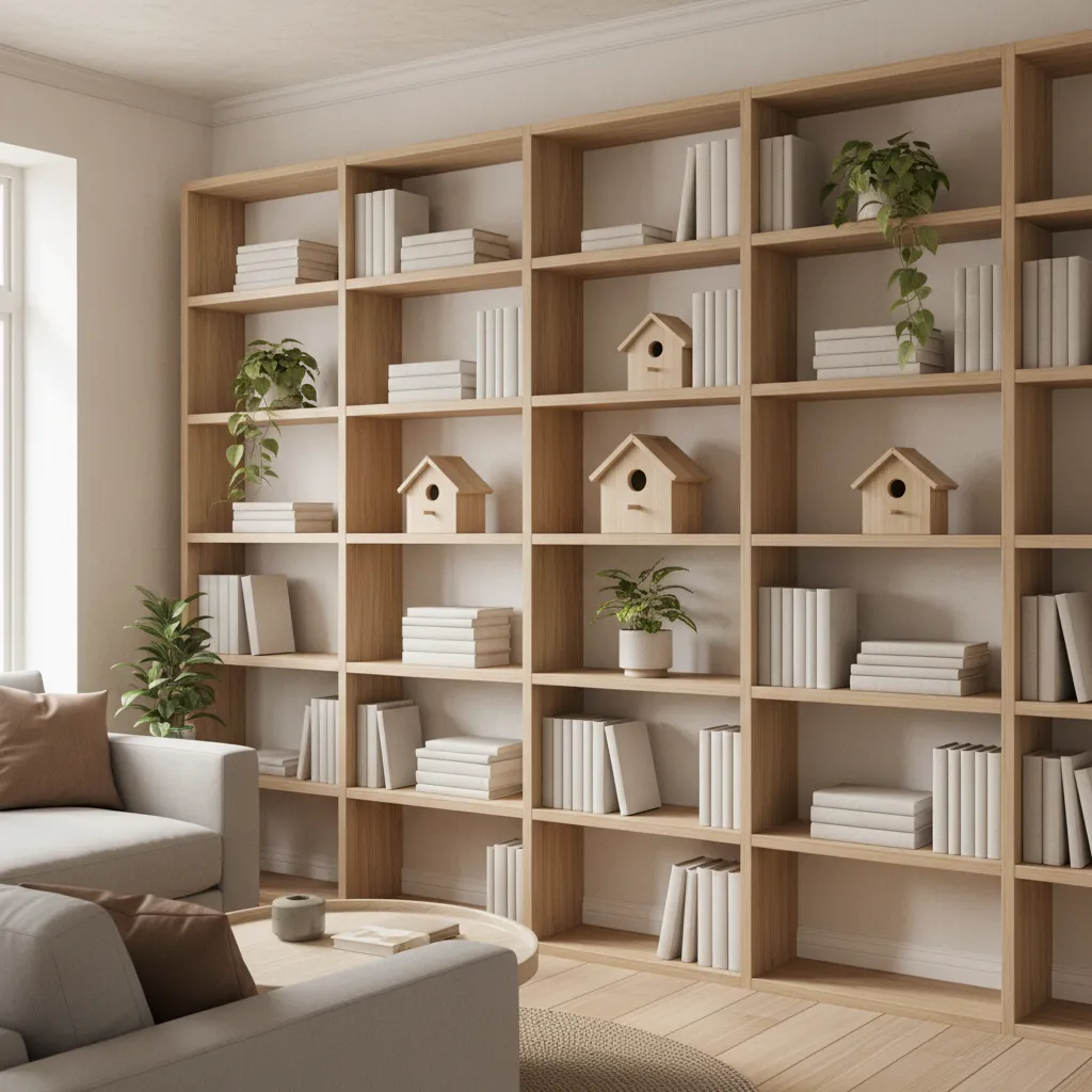 decorative bird houses arranged on a living room shelf with books and plants