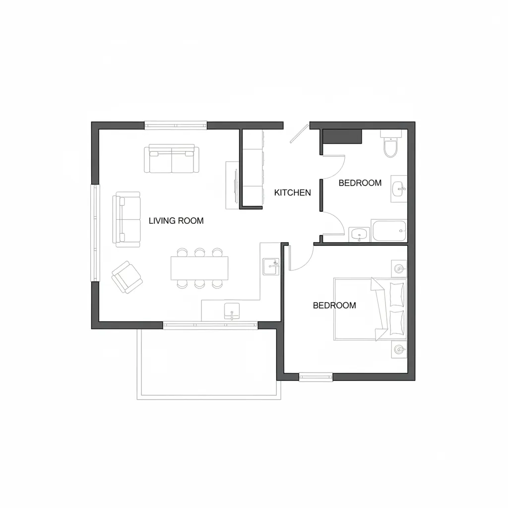 Birds eye view architectural floor plan showing labeled rooms and furniture layout