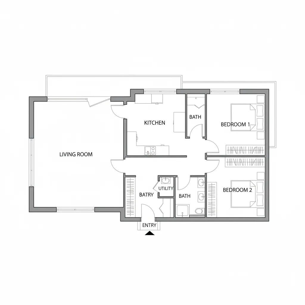 Top down house floor plan diagram showing multiple rooms from a birds eye view