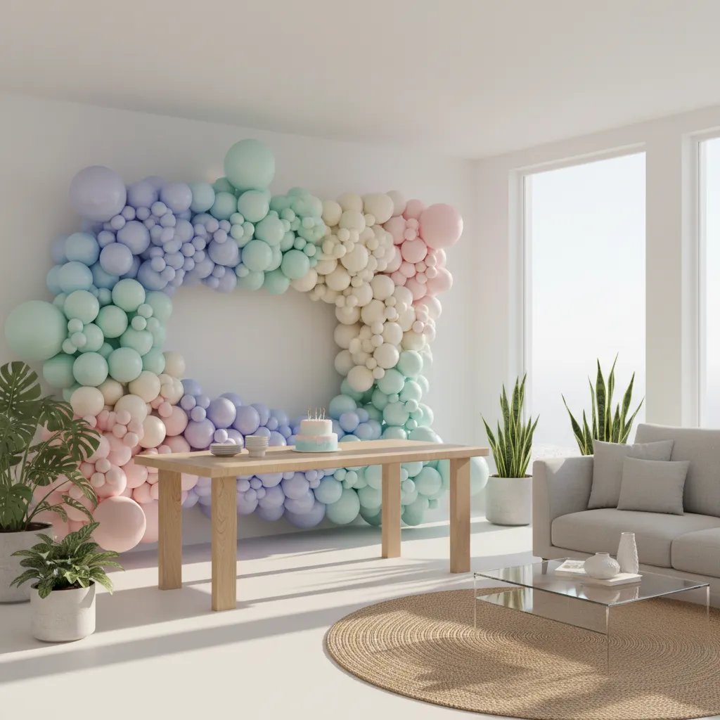 Birthday balloon wall decoration used as photo backdrop in a living room