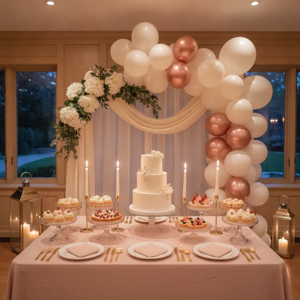 Styled birthday cake table with balloons candles and layered decorations