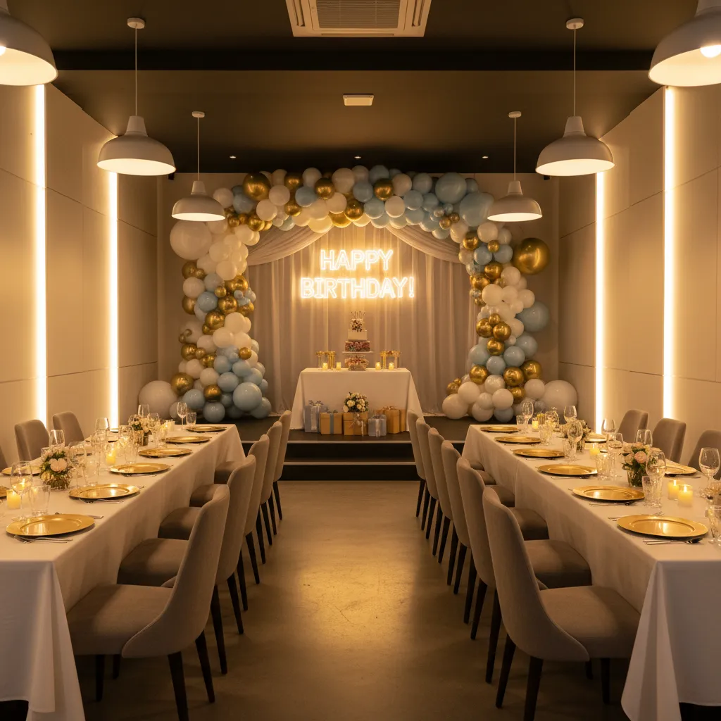 Birthday party setup inside a small event hall with decorated stage and tables