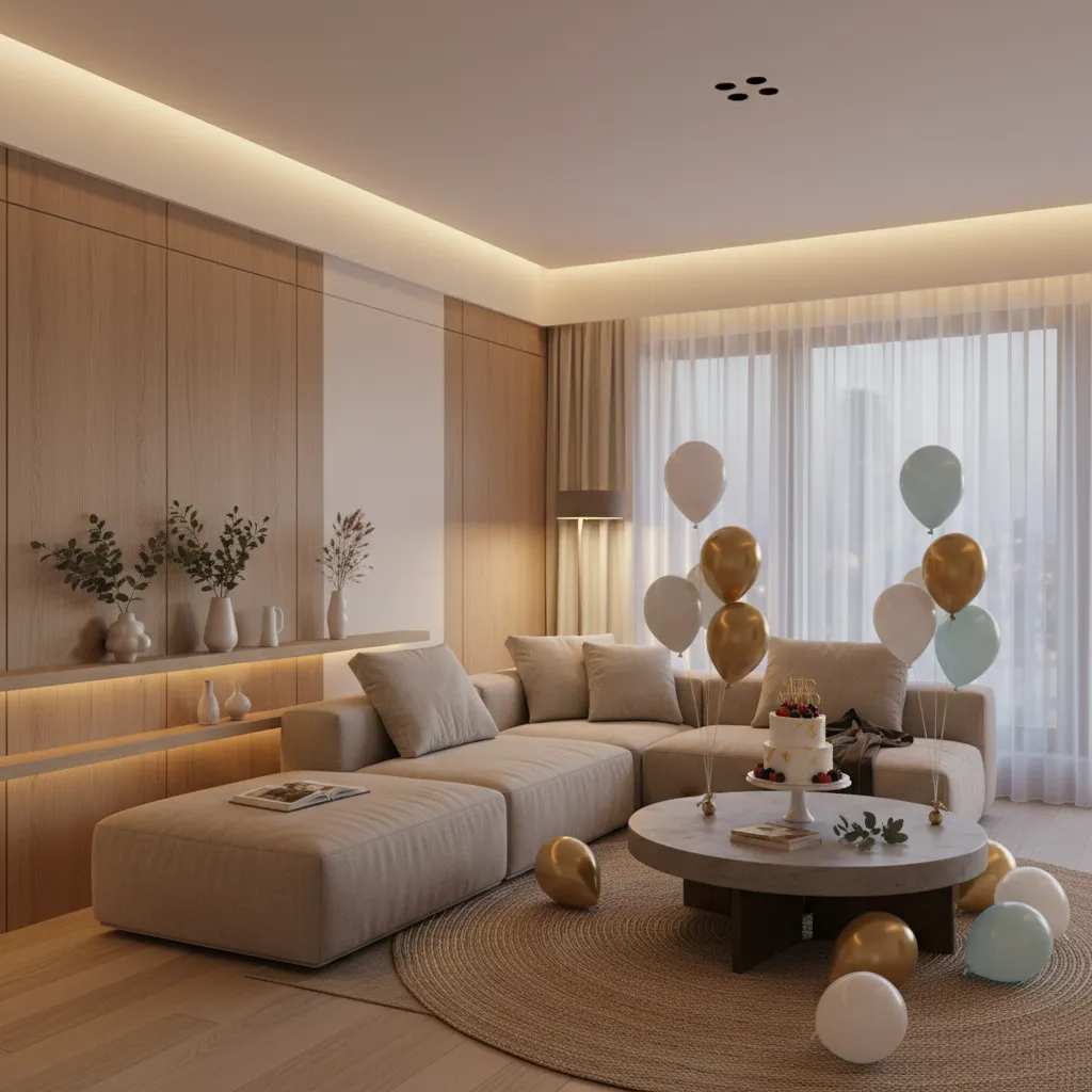 Large beige sofa with balloons plus birthday cake on coffee table with wood wall panels