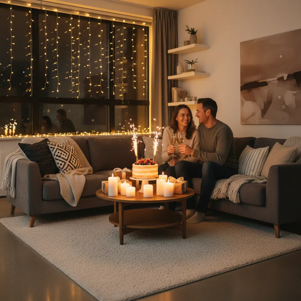 Couple sitting on grey sofa holding drinks near birthday cake with candles and window lights