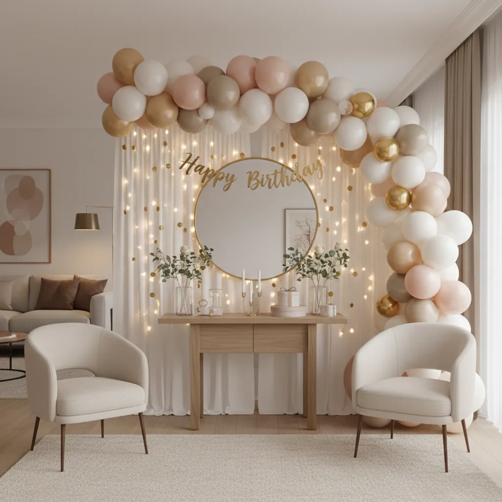 Birthday party corner with balloon arch, wooden table, round mirror, white chairs, and warm lights