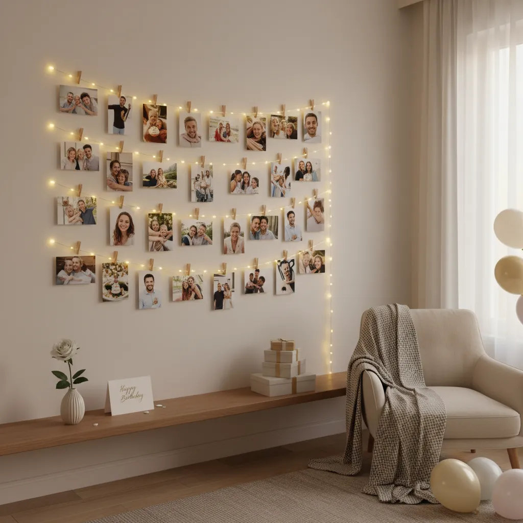 Birthday memory wall with hanging photos and lights