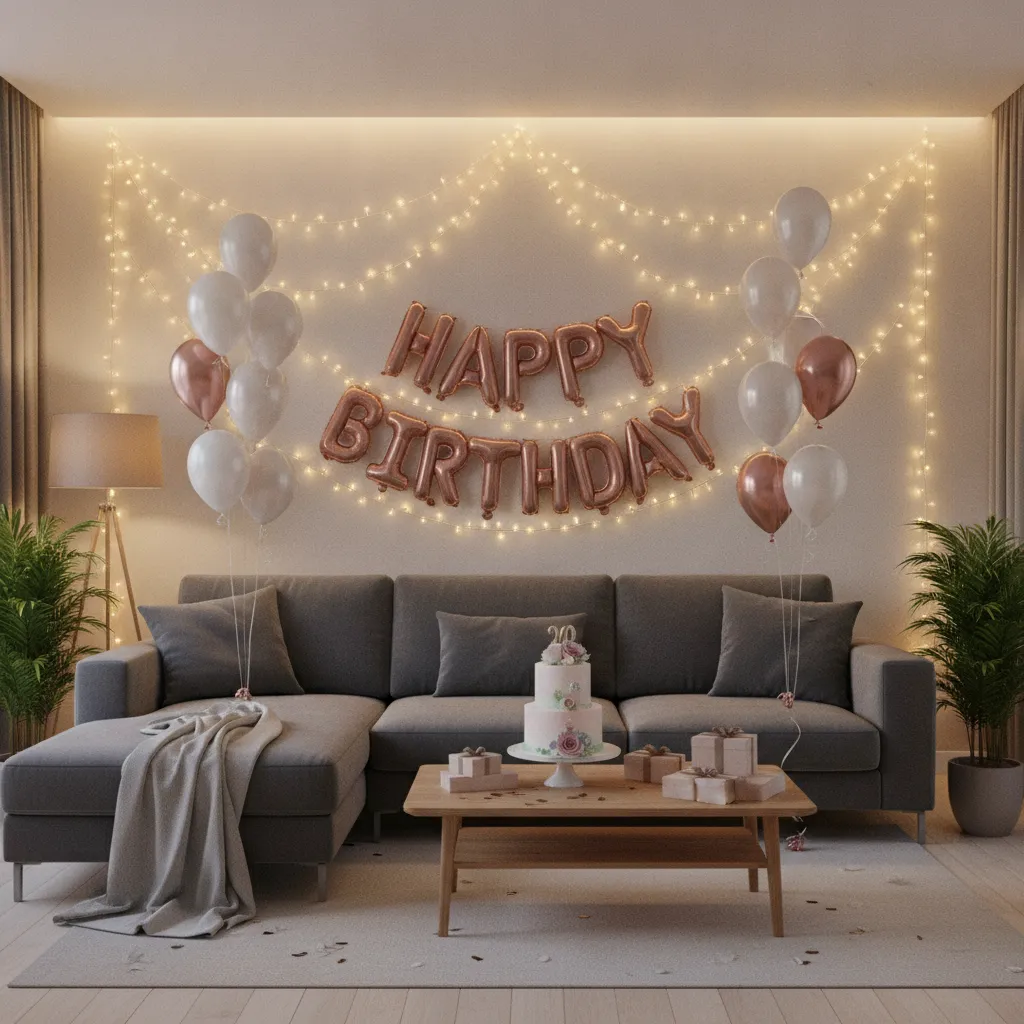 Birthday room decorated with warm fairy lights around balloons and walls
