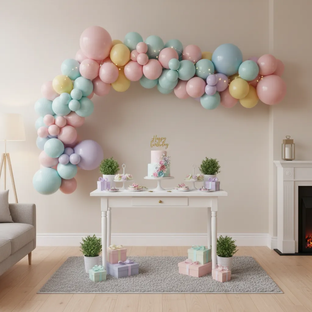 Birthday wall with balloon garland and celebration decorations