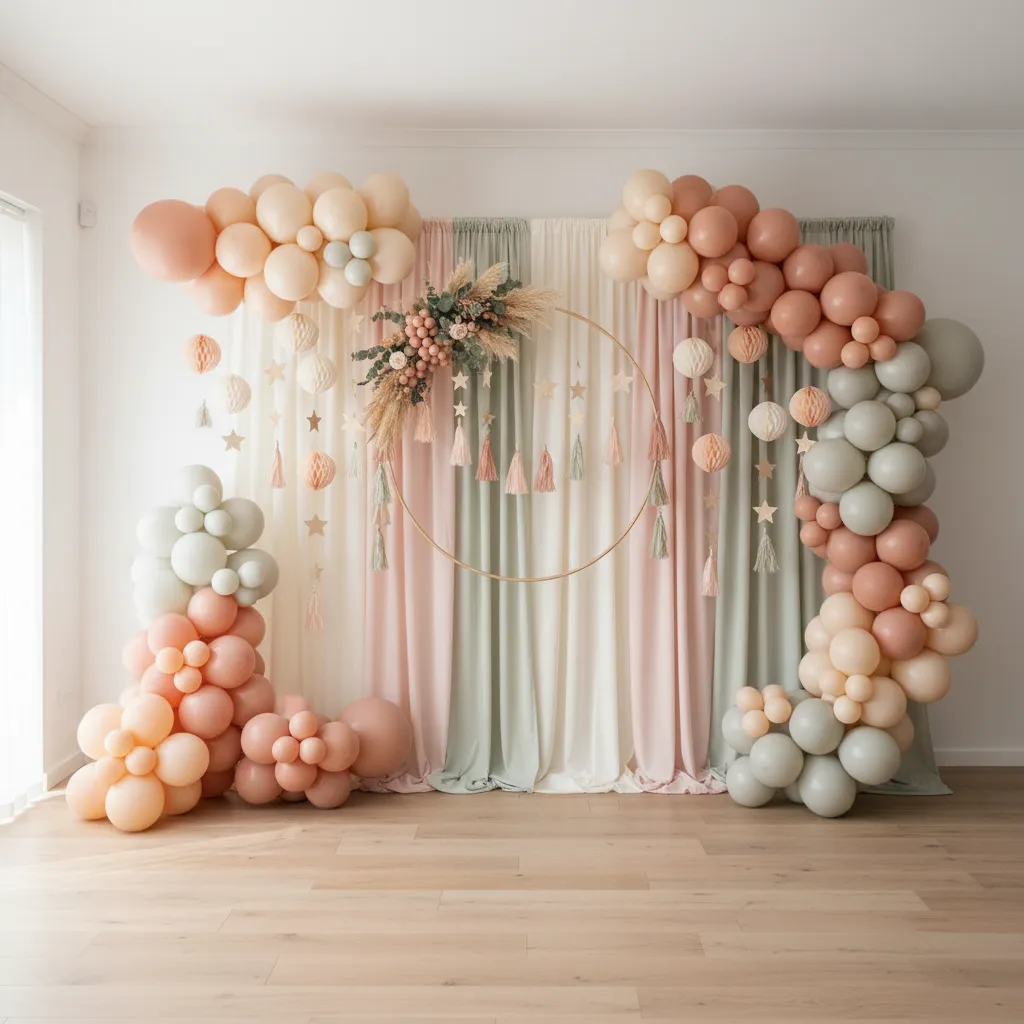 Layered birthday wall design with balloons and backdrop curtain