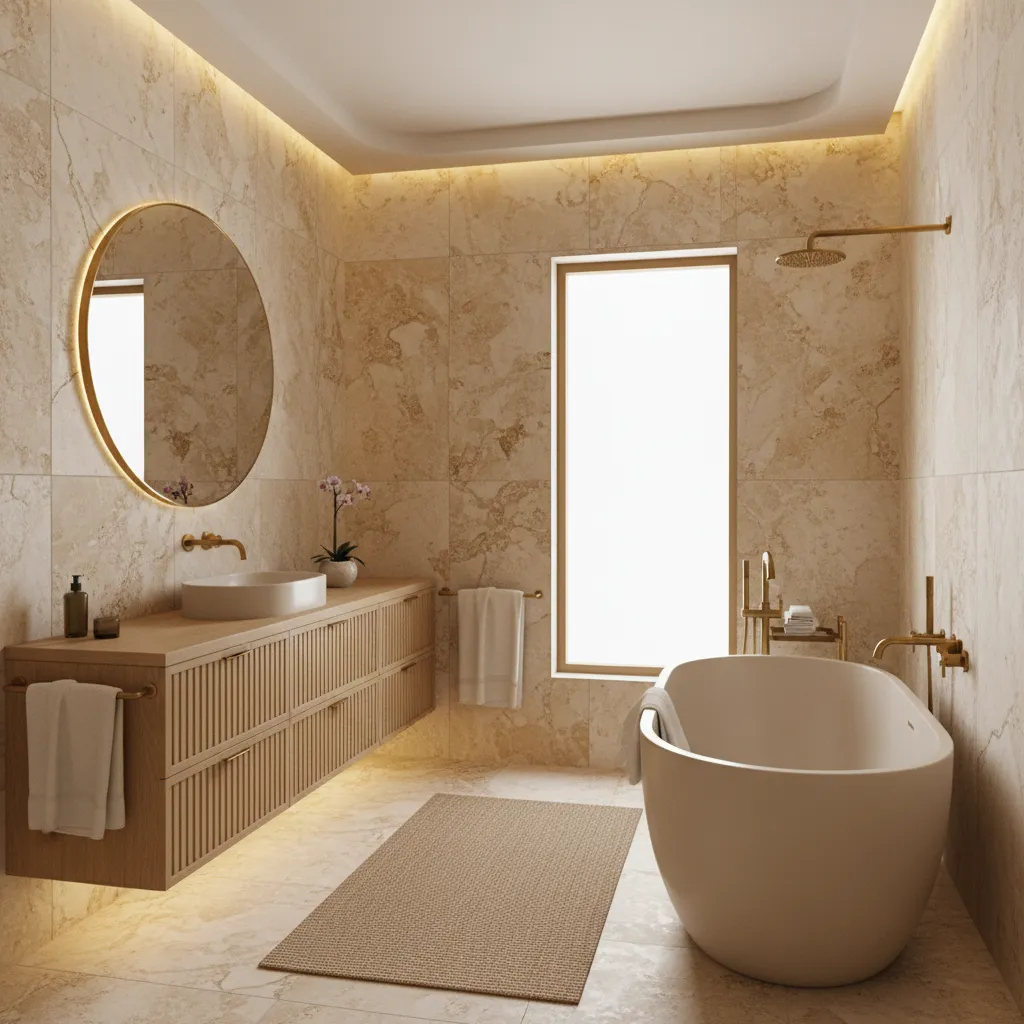 bathroom with biscuit colored fixtures and warm tile palette