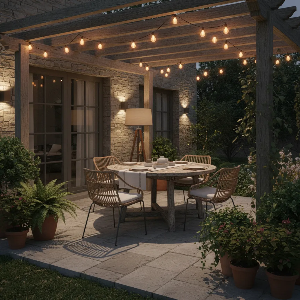 Backyard patio illuminated with warm bistro string lights creating cozy ambience