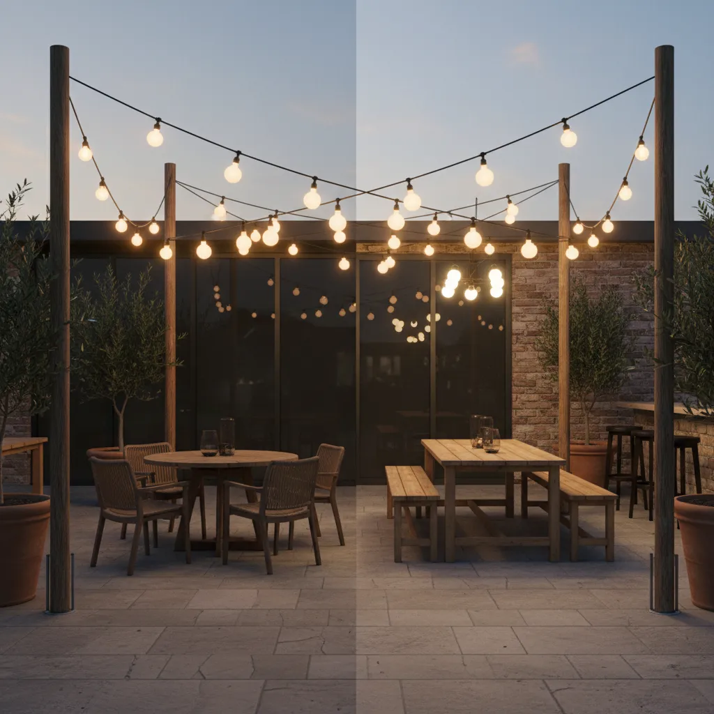 Different brightness levels of bistro string lights illuminating an outdoor patio