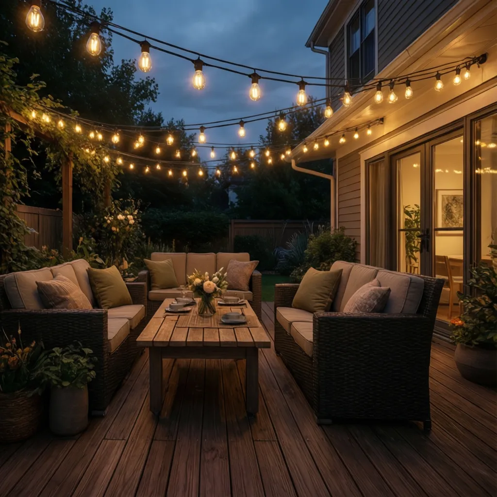 Outdoor patio with warm glowing bistro string lights installed above a seating area