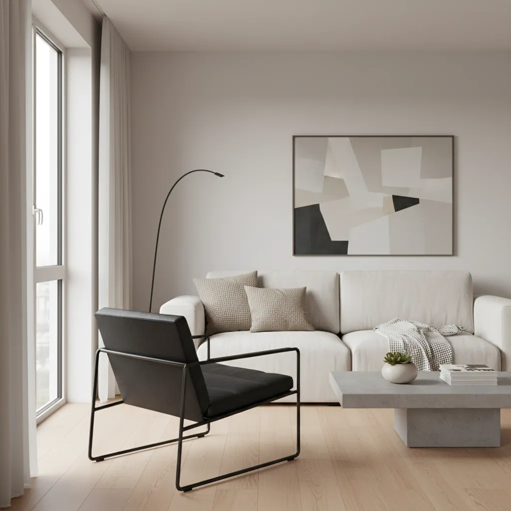 Modern small living room featuring a slim black accent chair adding contrast