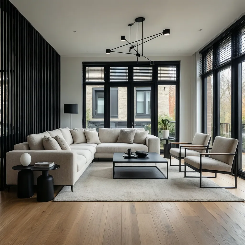 Modern living room with white corner sofa black coffee table two chairs black ceiling light