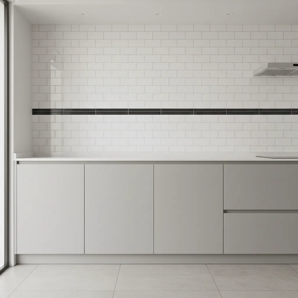 White kitchen wall tiles with thin horizontal black accent stripe
