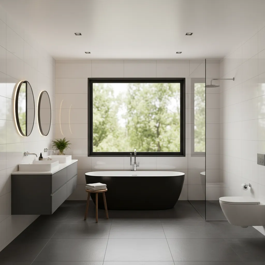 Contemporary bathroom featuring black aluminum window frame